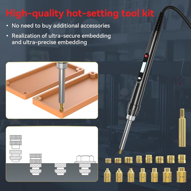DACKZZM Heat Set Insert Tools kit 80W Digital Soldering Iron with Iron Tips and Heat Set Insert Tips, 220Pcs Threaded Inserts Brass Nuts for Plastic 3D Printer Parts - Image 2
